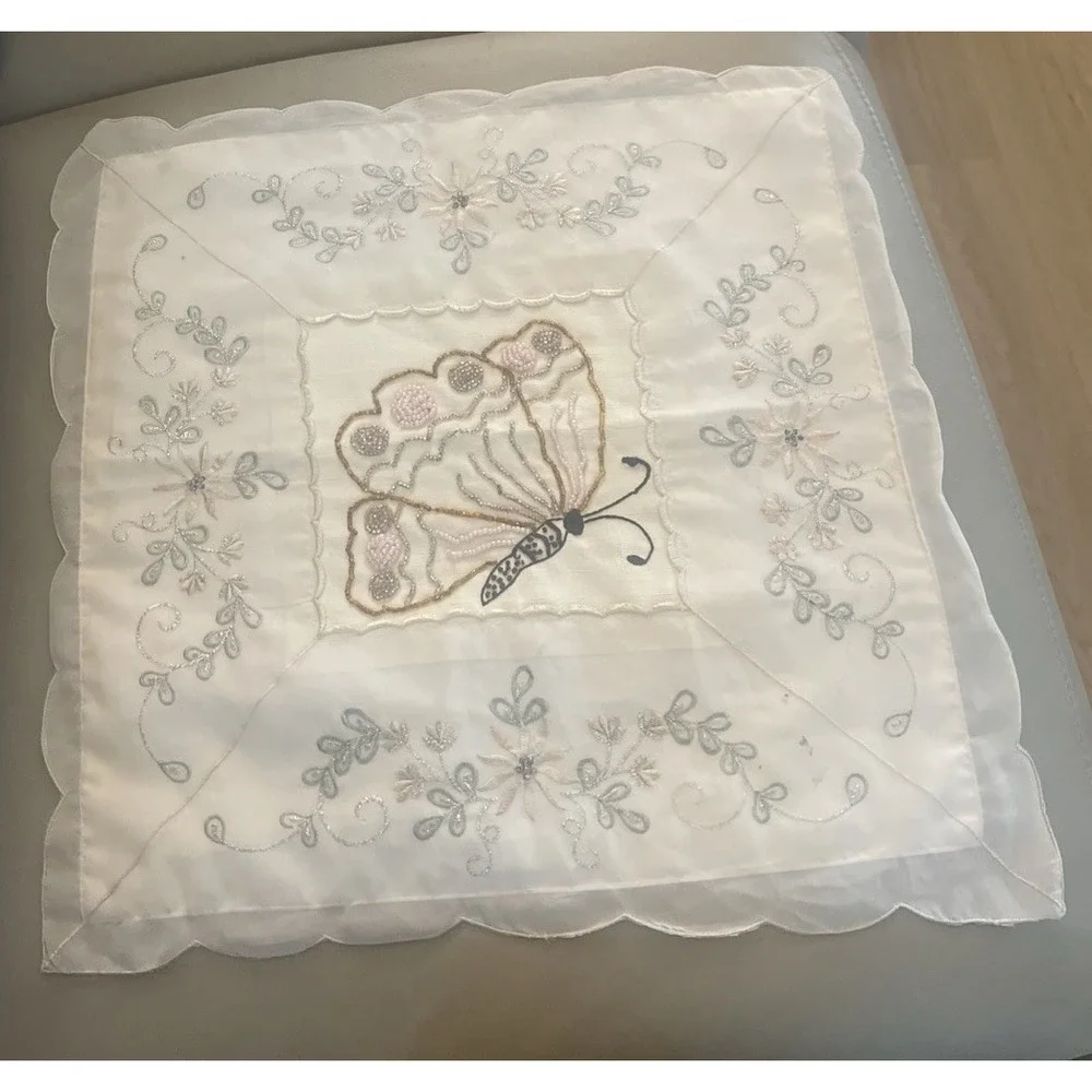 Vintage Boudoir Pillow 15x15 Cover Square Flowers Butterfly Beads Embroidered